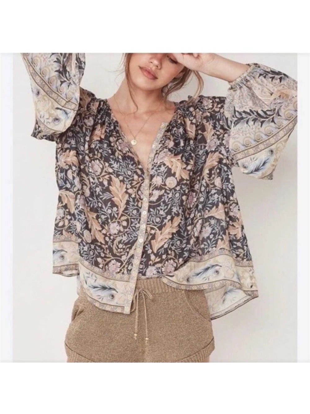Spell & The Gypsy Floral Boho Button-Front Blouse - Taupe & Gray M